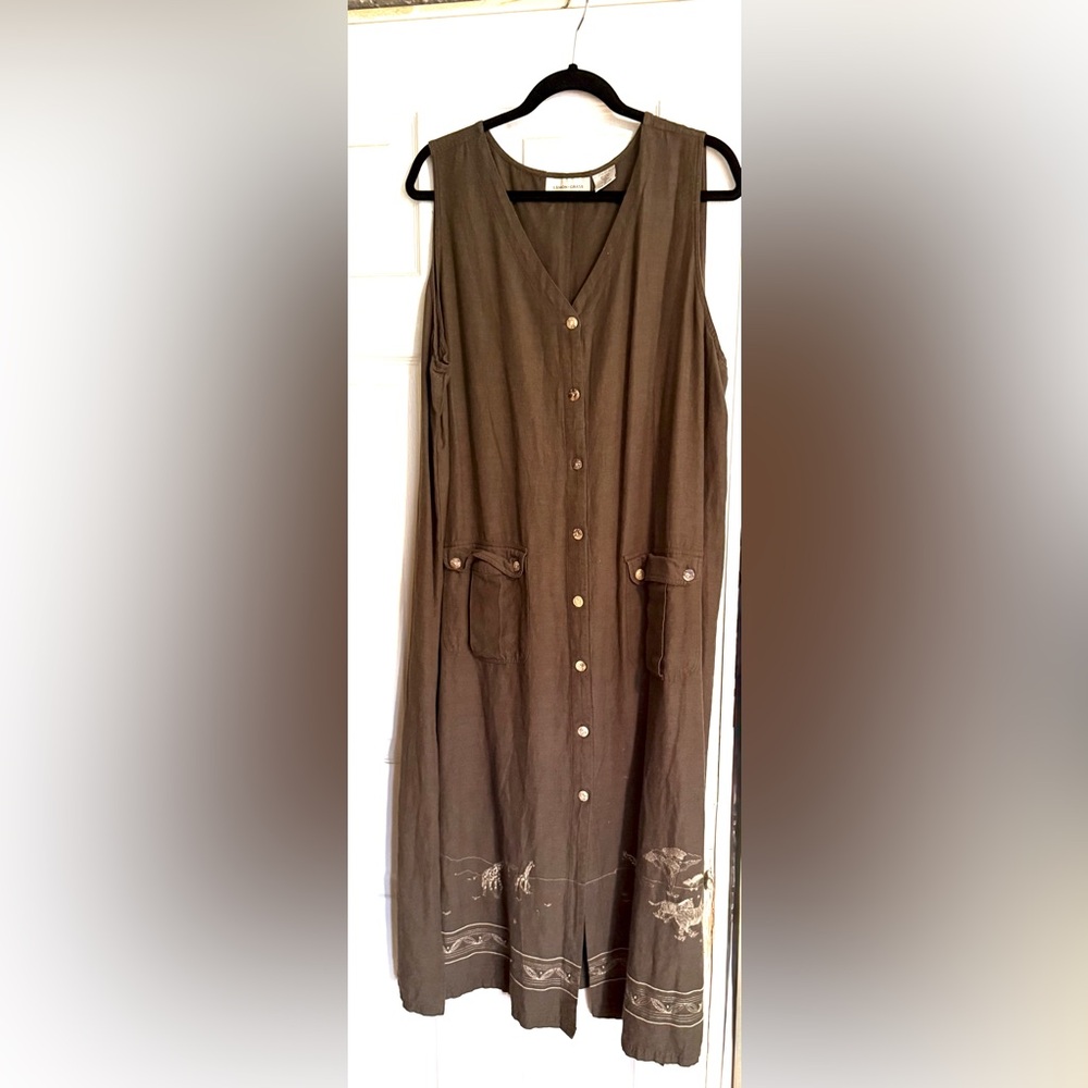 Lemongrass woman’s maxi dress button up with giraffes,zebra,tiger stitched on .
